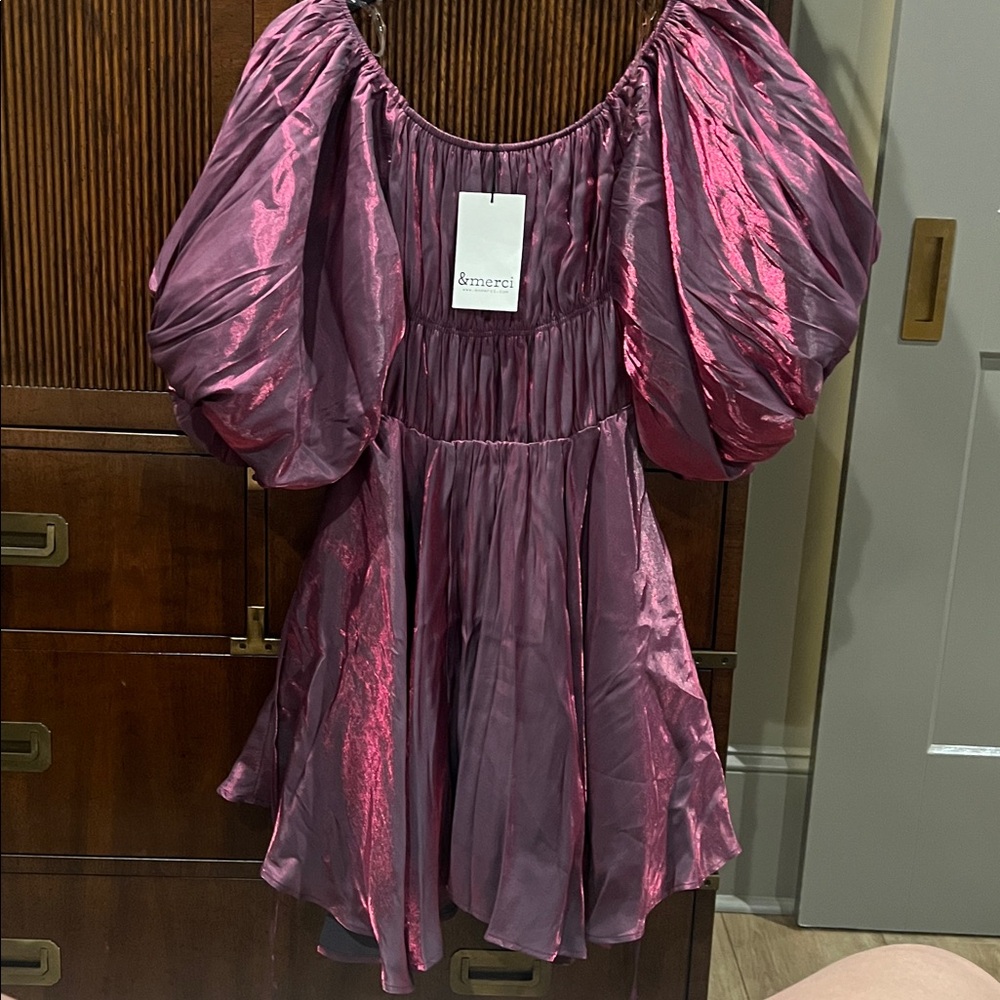 Shimmering Pink Puff Sleeve Dress, high low hem